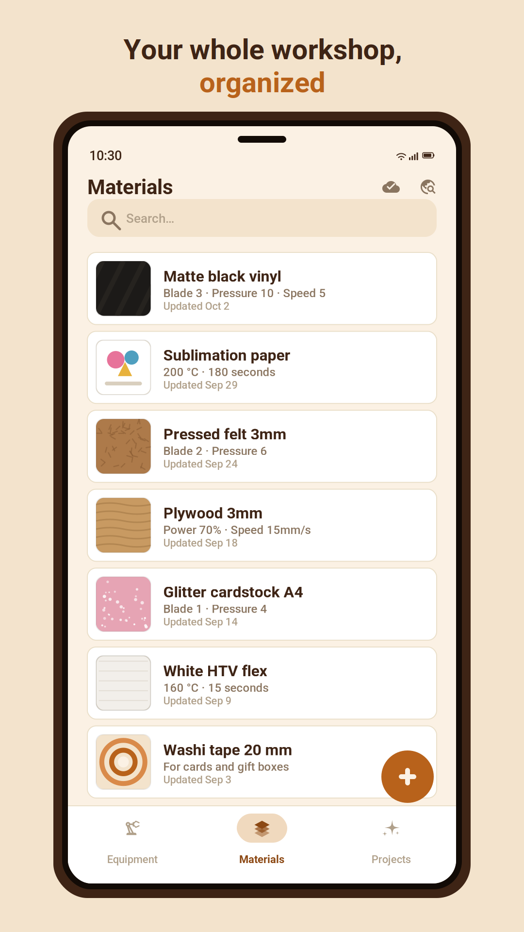 Materials list in Craftfolio